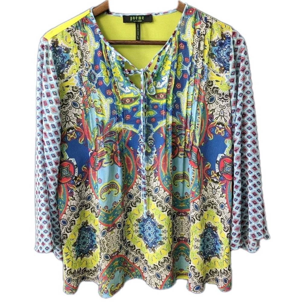 Poeme by Citron Sheer Boho Colorful Psychedelic Lng-sleeve Top In Blues & Citron